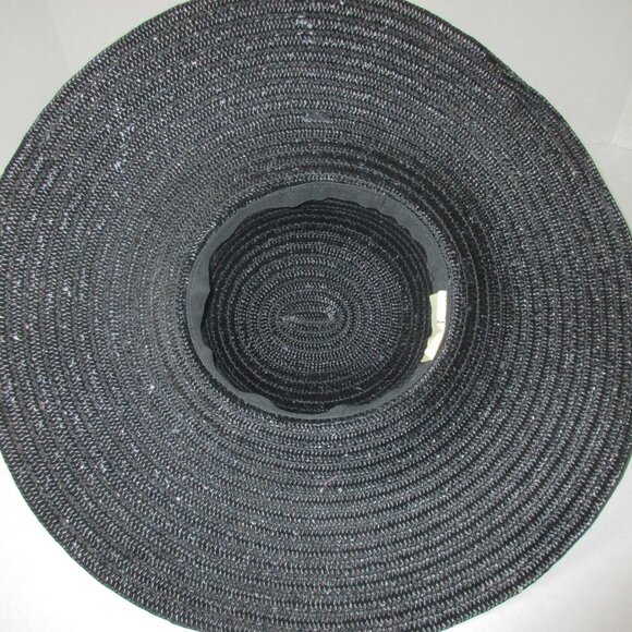 Vintage 1970's Black Wide Brim Straw Cartwheel Hat w/Flowers Made In Italy - Picture 8 of 8